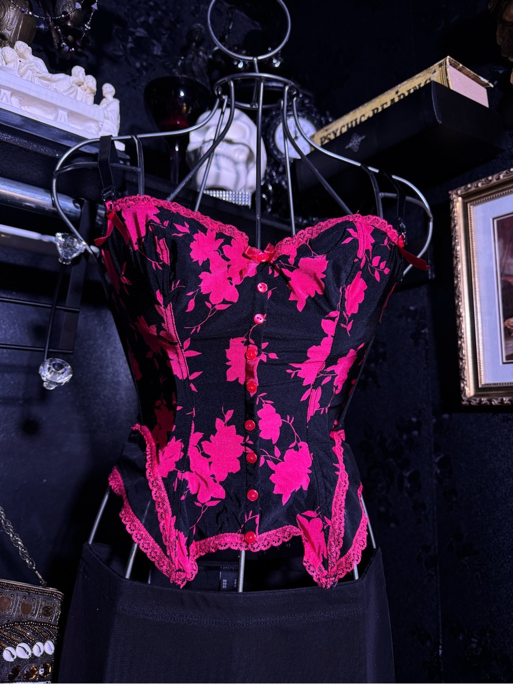 La Vie En Rose Black Bustier Top with Pink Floral And Lace